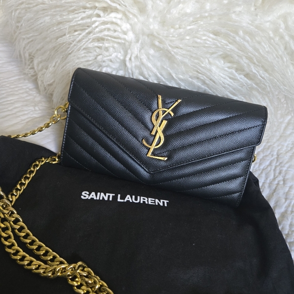 Yves Saint Laurent Black Matelasse Chevron Monogram Flap Wallet On A Chain EUC - Picture 1 of 15